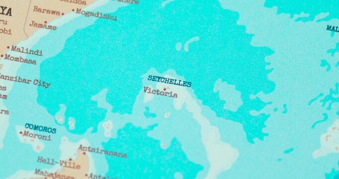 Zoom in view of seychelles on a vintage political world map