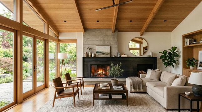 Modern Living Room with Fireplace and Large Windows Overlooking Garden Mid Century Style Interior