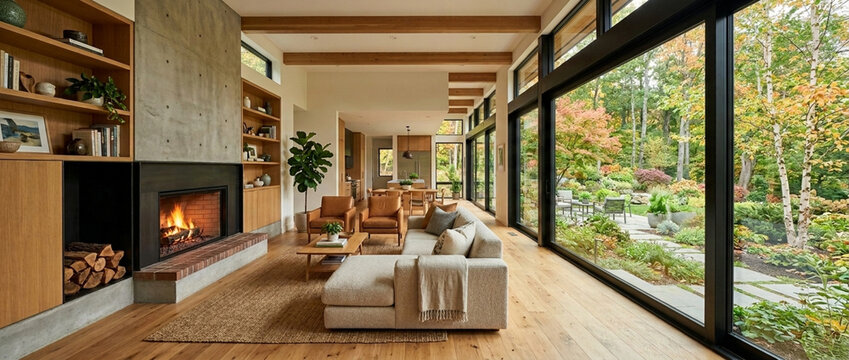 Modern Living Room with Fireplace and Large Windows Overlooking Lush Autumn Garden