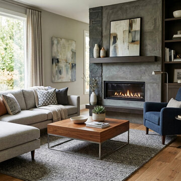 Modern Living Room with Fireplace Cozy Sofa Coffee Table and Abstract Art