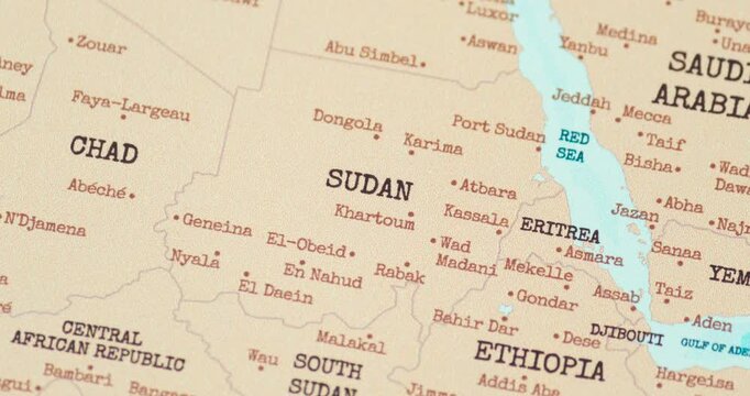 Zoom in view of sudan on a vintage political world map