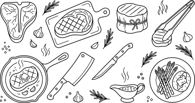 Steakhouse and BBQ Cooking Vector Icon Set featuring Beef Meat Cuts Skillet Grill Knife and Asparagus Line Art for Restaurant Menu Designs