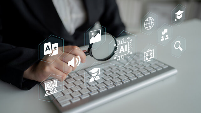 A business professional examines technological icons with a magnifying glass over a keyboard, highlighting the intersection of AI, education, and modern tools in an inspiring workspace. Ledger