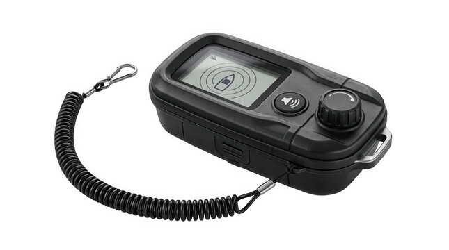 A black handheld fishing sonar device with coiled lanyard and screen graphic, isolated on transparent background for commercial fishing layouts