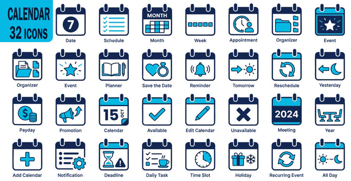 Comprehensive vector collection featuring thirty two blue calendar icons representing dates schedules months weeks appointments planners and deadlines presented on transparent background