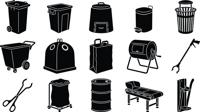 A collection of black silhouette icons representing various types of outdoor waste bins recycling containers litter pickers and garden equipment for cleaning public spaces