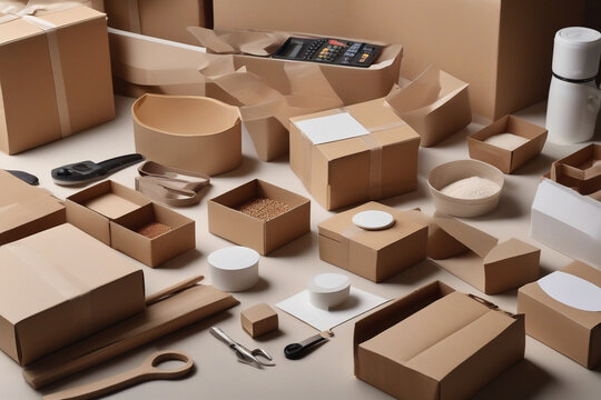 Stack of cardboard boxes in a small business workspace