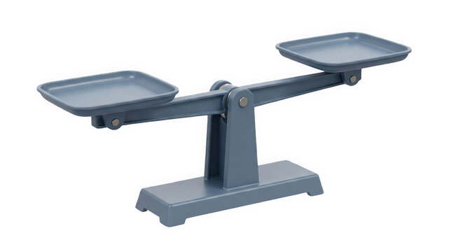 A blue balance scale is isolated on transparent background, featuring a smooth matte finish perfect for conceptual business and legal design projects