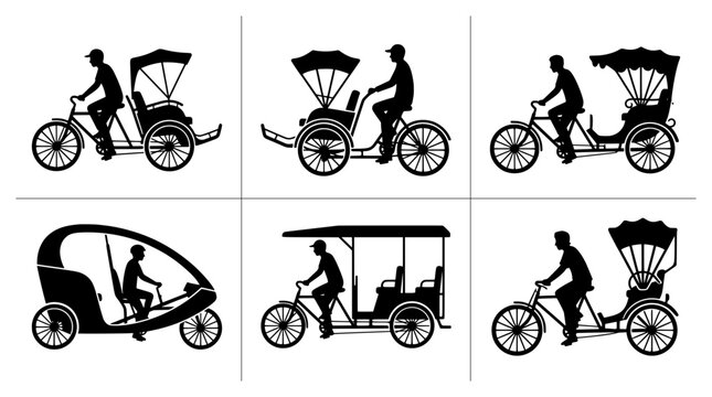 Pedicab silhouettes set with drivers and passengers, transport and travel icons