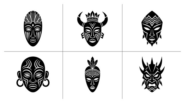 Tribal mask silhouettes set with African and demonic faces for logo and tattoo