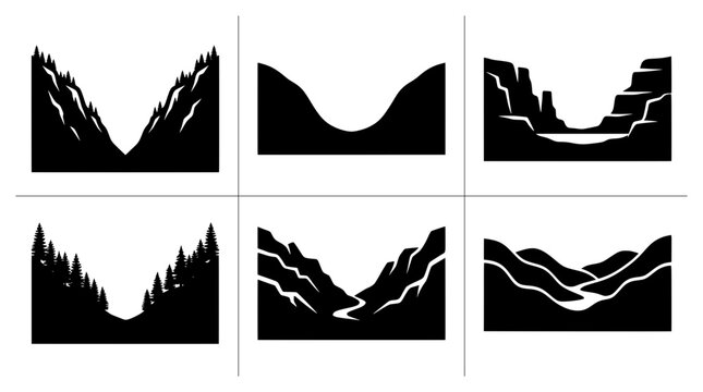 Canyon silhouettes set with mountain peaks, river valley and forest scene for nature logos