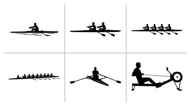 Rowing silhouettes set with single scull, double scull, quad scull, eight, and rowing machine for sports logos and print