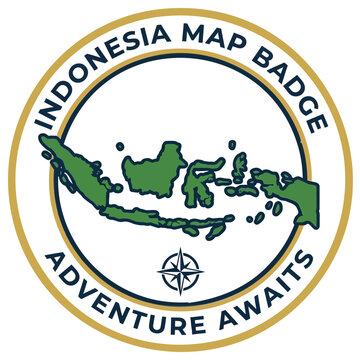 Circular graphic emblem featuring green Indonesian map illustration with golden border text typography elements displayed against transparent background