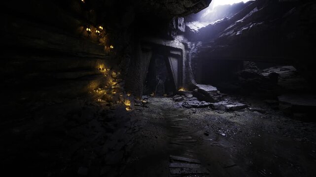 sunlit cavern interior with muddy puddle reflecting light, soft beam from opening creates dramatic contrast with candle glow and wet rock textures, shallow pool