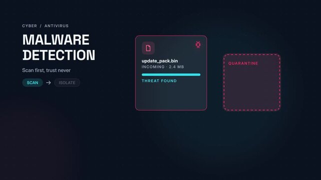 Antivirus malware detection interface animation showing suspicious system file scanning process threat alert identification and infected object quarantine isolation status