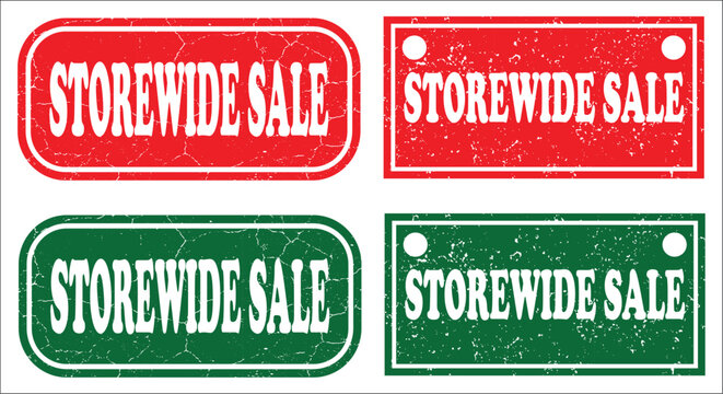 Four rectangular storewide sale signs with distressed textures are displayed in red and green colors retail discount promotion markdown clearance