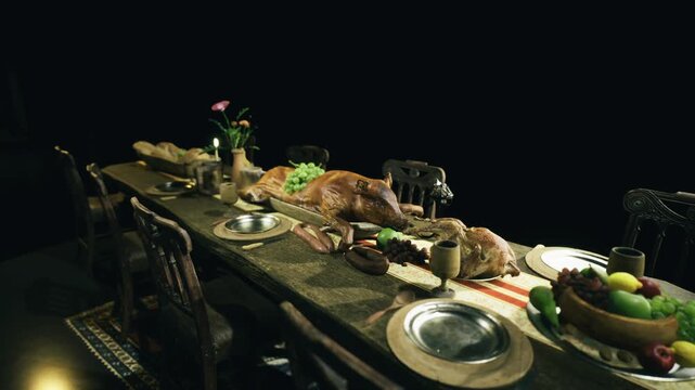 Medieval gathering featuring traditional roasted bird. Historical dinner event displaying classic roasted turkey and vernacular medieval decorations
