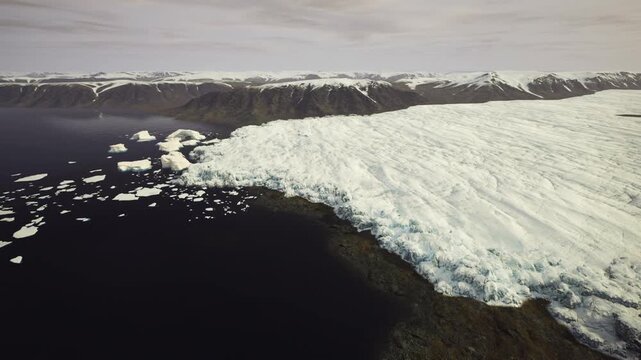 Antarctica melting shelf front revealing shore, scattered bergs near exposed sediment, pale light, strong visual evidence for coastal retreat, suited