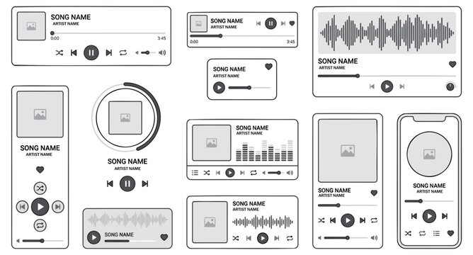 Various black and white digital media player interface vector elements featuring audio waveforms and control buttons isolated on transparent background