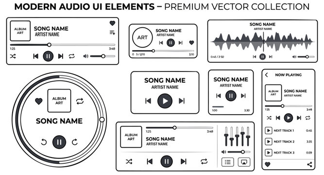 Collection of modern minimalist audio player user interface vector templates with music control buttons and waveform displays isolated on transparent background