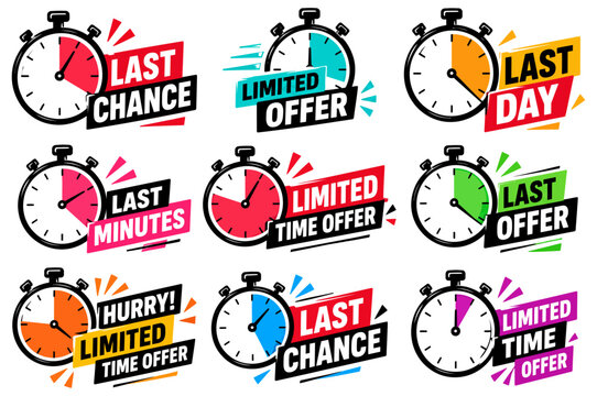 Colorful stopwatch sale badges and banners featuring bold lettering and urgent messaging displayed gracefully against transparent background
