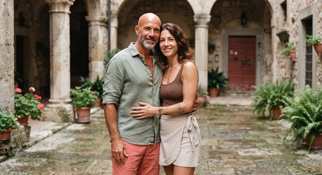 Affectionate couple in their 40s sharing warm smiles in a sunlit European courtyard with natural overcast light.
