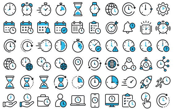 Set of blue and black time icons featuring clocks, calendars, stopwatches, sandglasses and schedule symbols displayed clearly on transparent background
