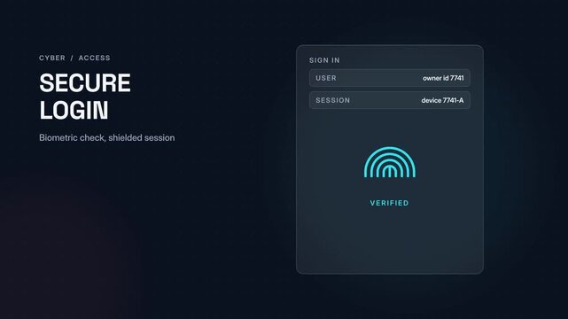 Secure login portal interface animation showing biometric fingerprint touch sensor check encrypted user session authentication and access granted confirmation on dark HUD background