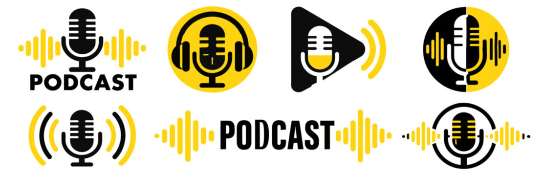 Black and yellow podcast logo icons set featuring microphones sound waves headphones and play buttons isolated on transparent background
