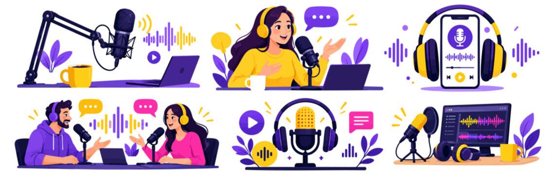 Vibrant podcast vector collection featuring microphones and headphones with sound waves and hosts broadcasting digital audio content in colorful flat illustration style on transparent background
