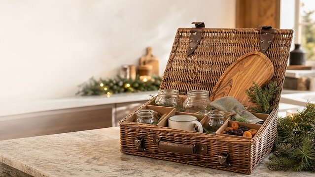 Reusable wicker Christmas hamper with premium natural gift items