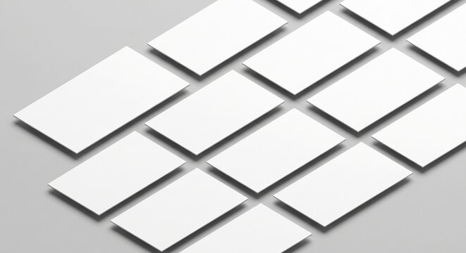 Isometric mockup of blank white presentation slide cards arranged in an organized grid on a light gray background with soft shadows.