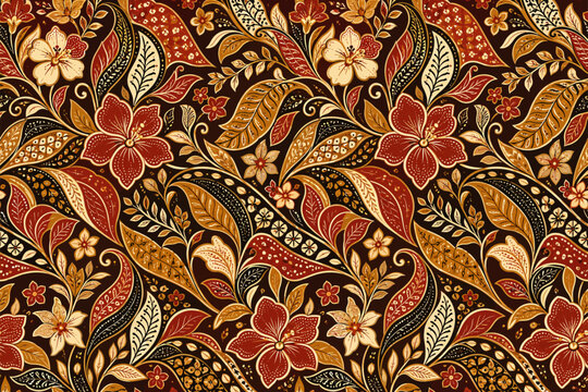 Traditional Indonesian batik seamless pattern featuring vibrant floral motifs and intricate botanical elements rendered in rich red and golden brown hues