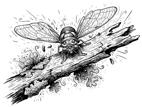 Black and white cicada resting on a textured branch
