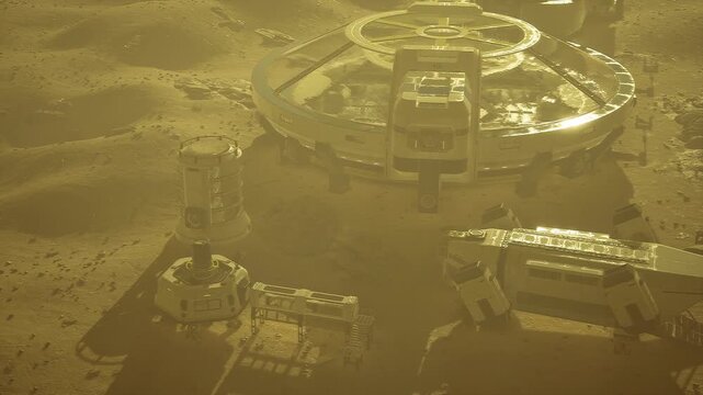 Mars scouting drones mapping wide regolith, multiple UAVs in coordinated formation, telemetry beams slicing through dusty light, base ring visible below,