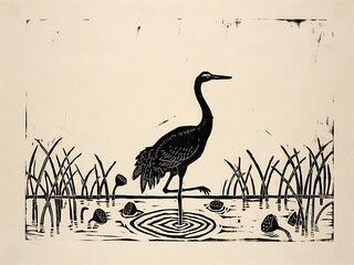Fototapeta premium Black crane standing in shallow water with reeds
