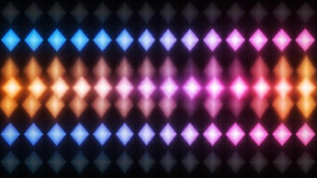 Colorful glowing diamond shapes flash rhythmically across a dark stage background creating vibrant party lighting effects with electronic music visualizer patterns