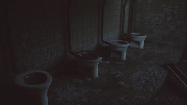 Dim row of old toilets with pipes, chipped tiles and damp floor, industrial plumbing visible, heavy atmosphere of neglect and silent abandonment