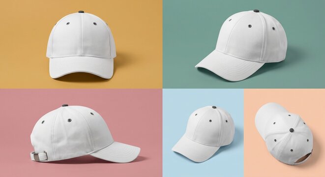 Photorealistic multi-angle mockup of a blank white baseball cap on colorful pastel backgrounds, ideal for design presentations.