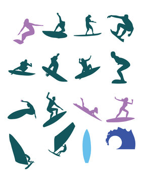 Colorful vector graphic illustration collection featuring silhouettes of surfers riding ocean waves alongside windsurfing boards and tropical marine elements designed for modern sports projects