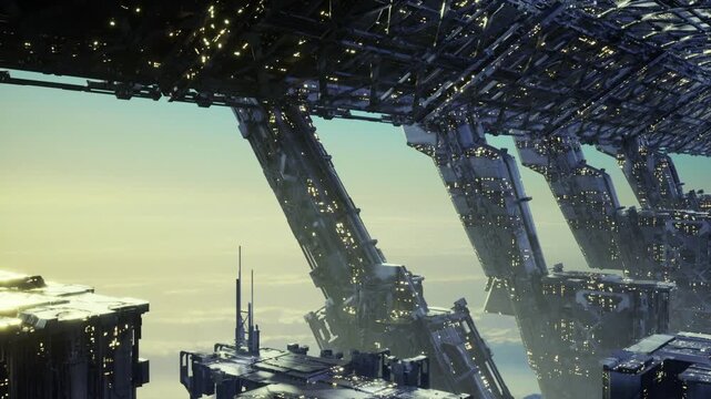 Sunlit transport corridor with massive docking platforms and freighter silhouettes, logistics activity implied by ramps, berths and antenna fields, warm haze