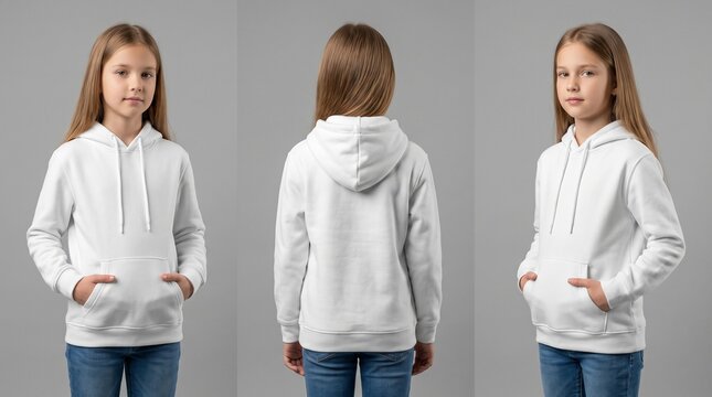 Photorealistic triptych mockup of a girl wearing a blank white hoodie, shown from front, back, and three-quarter angles against a neutral gray background.