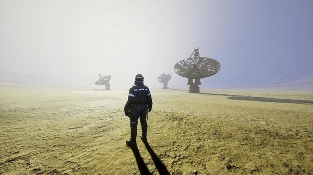 Solitary astronaut on dusty plain mapping terrain near massive parabolic antennas under hazy sunrise, long shadow stretching across cracked ground, atmosphere