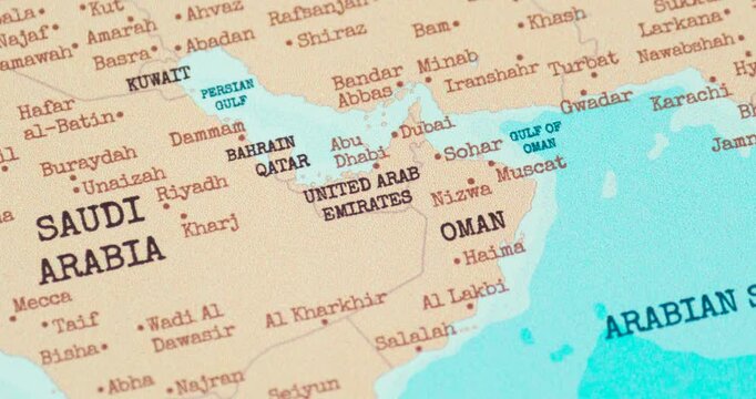 Zoom in view of united arab emirates on a vintage political world map
