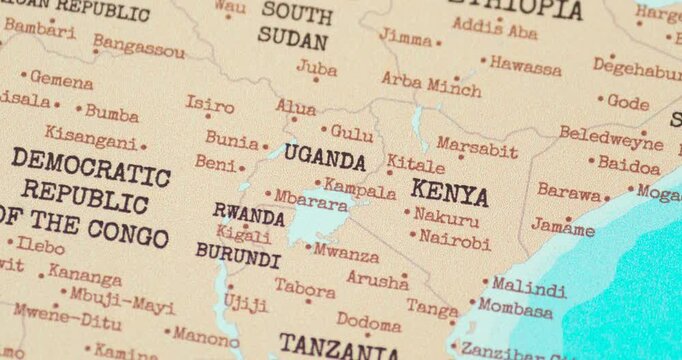 Zoom in view of uganda on a vintage political world map