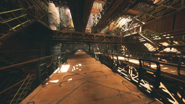 Long engine room walkway under amber glow, overhead piping and structural beams creating layered composition, industrial scale and repetitive geometry