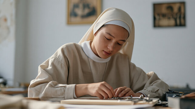 A young nun improvises a repair on a broken lectern using items from a utility drawer in a contemporary convent workroom against a clean white background, an old community