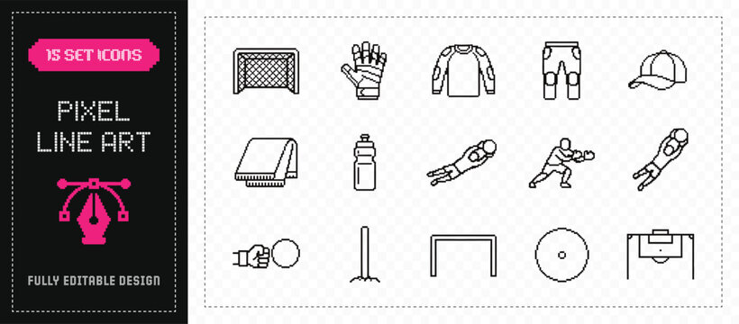 flat vector illustration pixel line art icon bundle set design featuring soccer goalkeeping actions goalie gloves diving saves and match nets icons for web