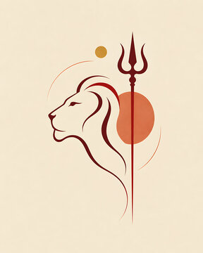 Lion head silhouette with trident and circles vector illustration