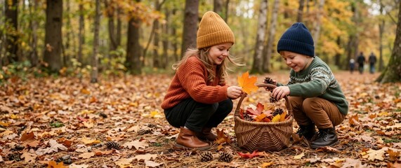 Fototapeta premium Children gathering pinecones and colorful leaves in a basket. Autumn park activity
